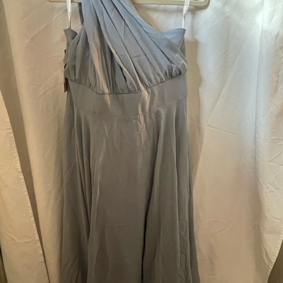 A-line Halter One Shoulder V-Neck Asymmetrical Chiffon Cocktail Dress Dusty Blue - Picture 7 of 10